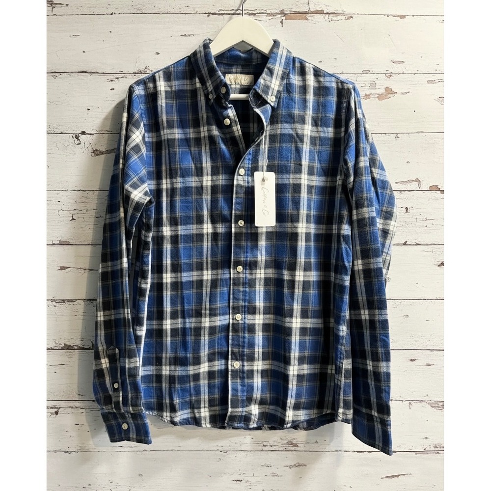 NWT Men's S Cotton & Co Blue White Plaid Flannel Button Down Shirt